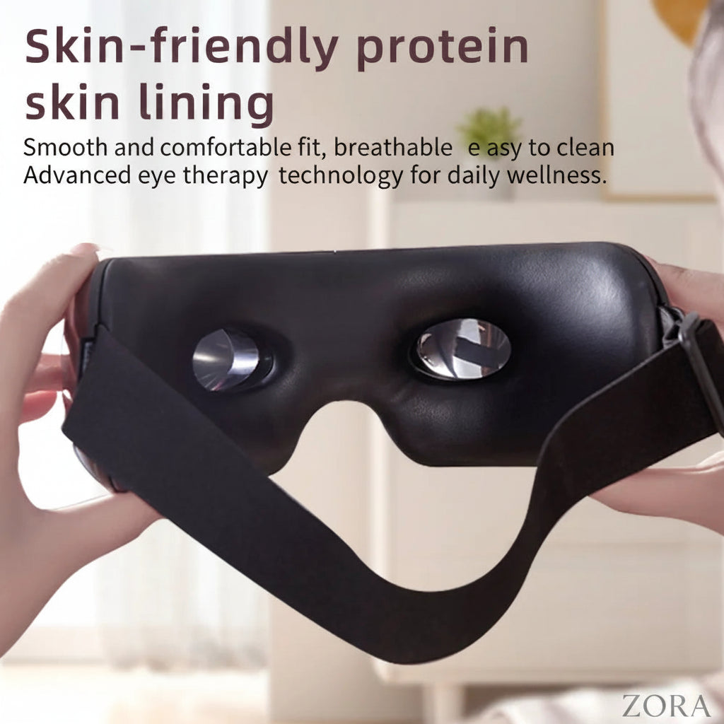 Zora Smart Heated Eye Massager with air pressure and music features, designed for premium eye care and relaxation.