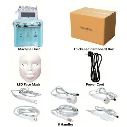 Zora 7-in-1 Hydro Facial Care System with multiple attachments for cleansing, exfoliating, and hydrating facial treatments.