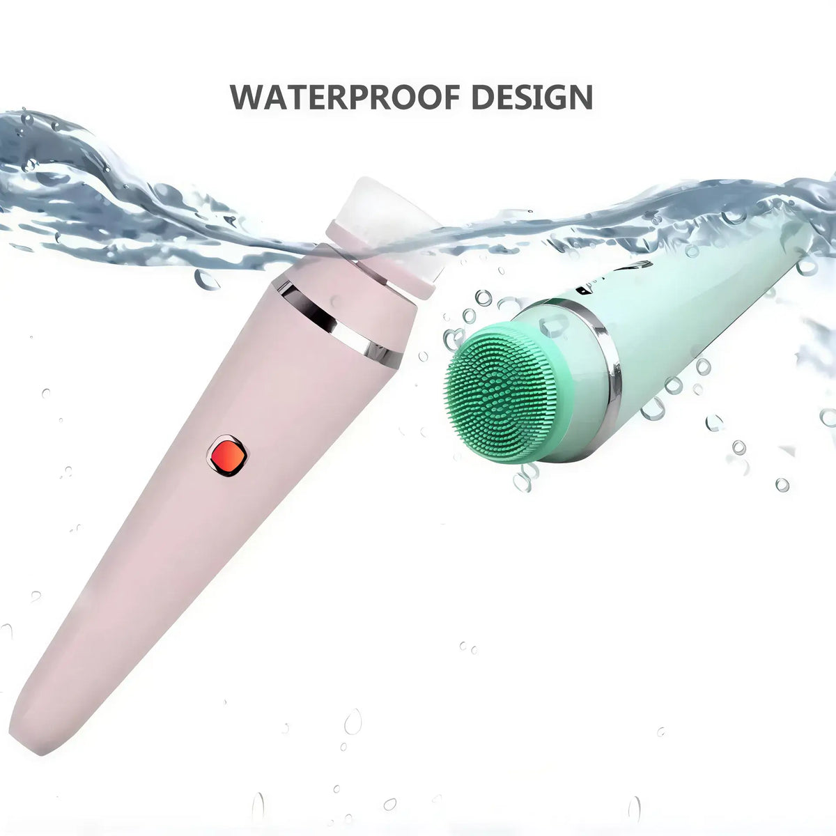 Zora 4-in-1 waterproof electric facial cleansing brush with multiple attachments for deep skin cleaning and gentle exfoliation.