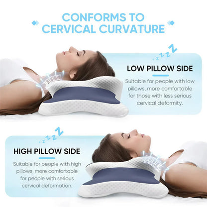 Zora Memory Foam Cervical Pillow showing its ergonomic shape and soft fabric cover for neck support and comfort.