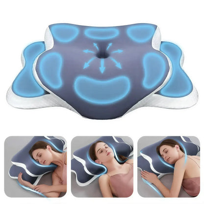 Zora Memory Foam Cervical Pillow with ergonomic design for neck support and comfort, shown from a side view.