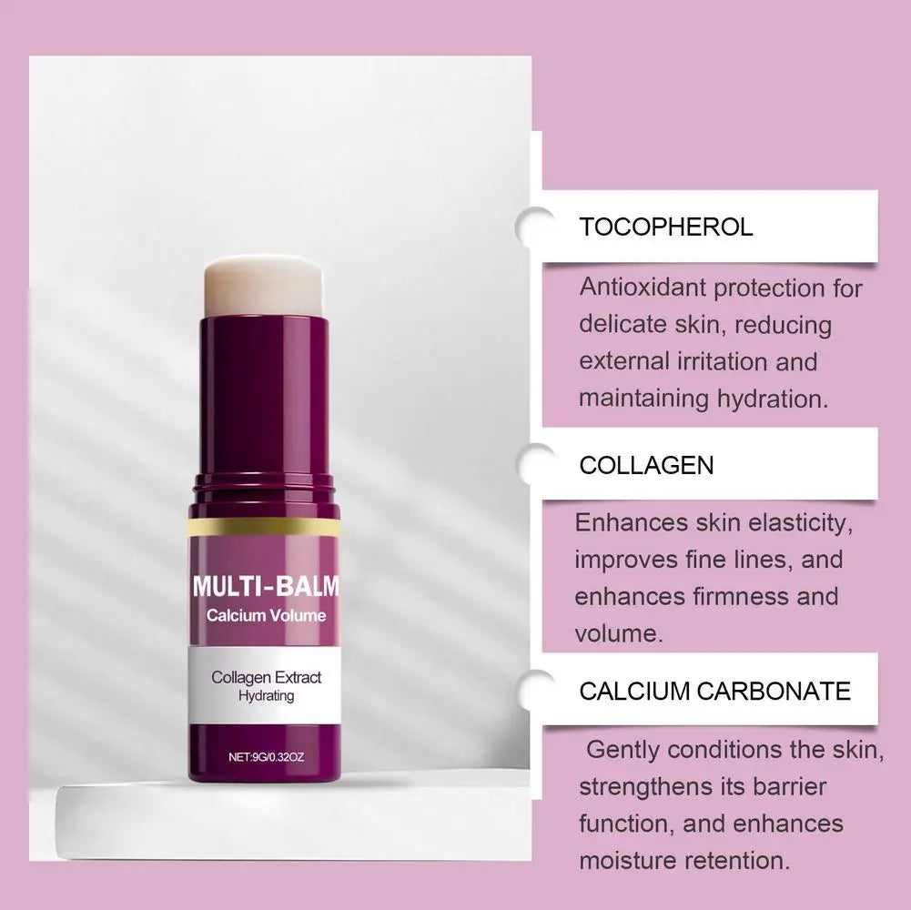 Zora Collagen Moisturizing Balm Stick for face, eye, and neck care, in a sleek stick form with a smooth balm texture.