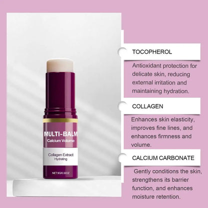 Zora Collagen Moisturizing Balm Stick for face, eye, and neck care, in a sleek stick form with a smooth balm texture.