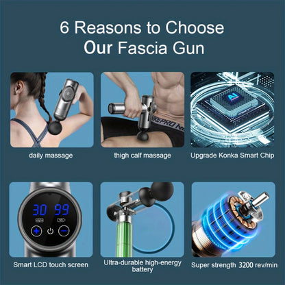 Zora Booster M2 percussion massage gun with ergonomic handle and multiple attachment heads for muscle relief.