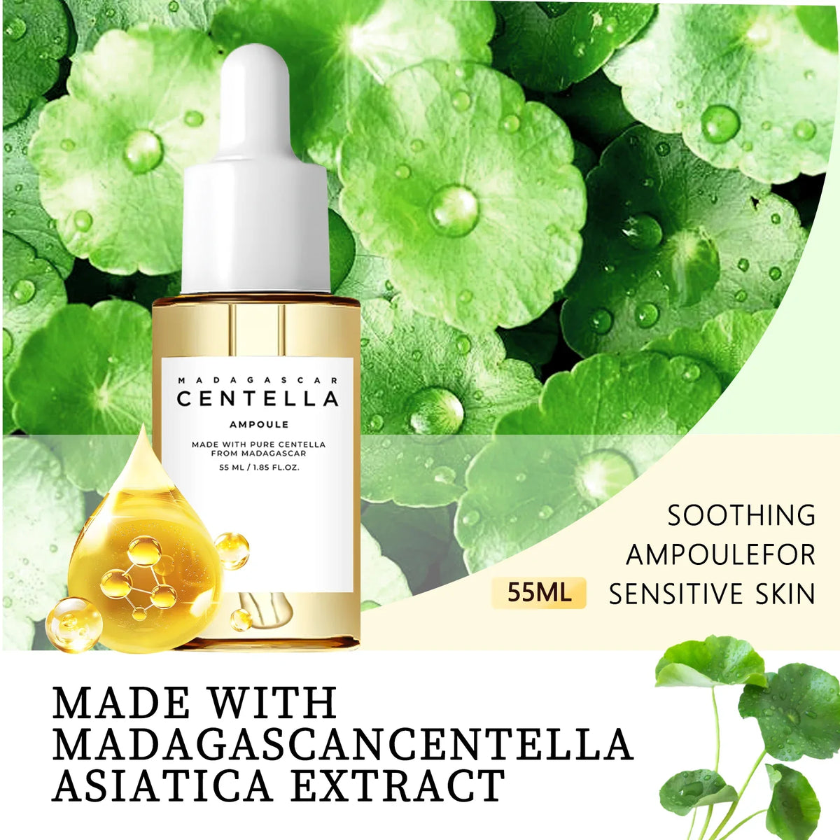 Zora Madagascar Centella Comfort Serum in a clear bottle, featuring a dropper for facial skincare and soothing ingredients.