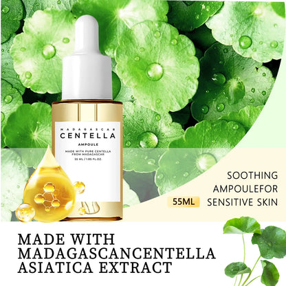 Zora Madagascar Centella Comfort Serum in a clear bottle, featuring a dropper for facial skincare and soothing ingredients.