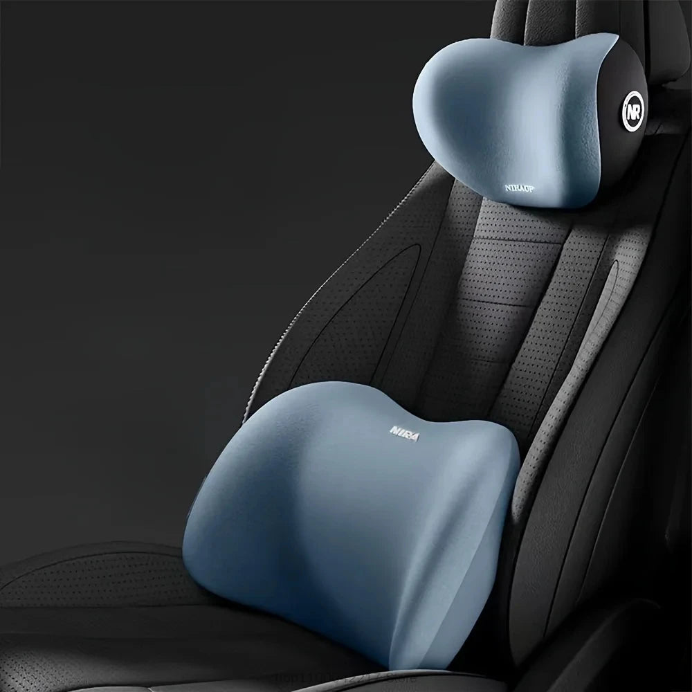 Zora memory foam car headrest and lumbar cushion set with adjustable straps for comfortable driving support.