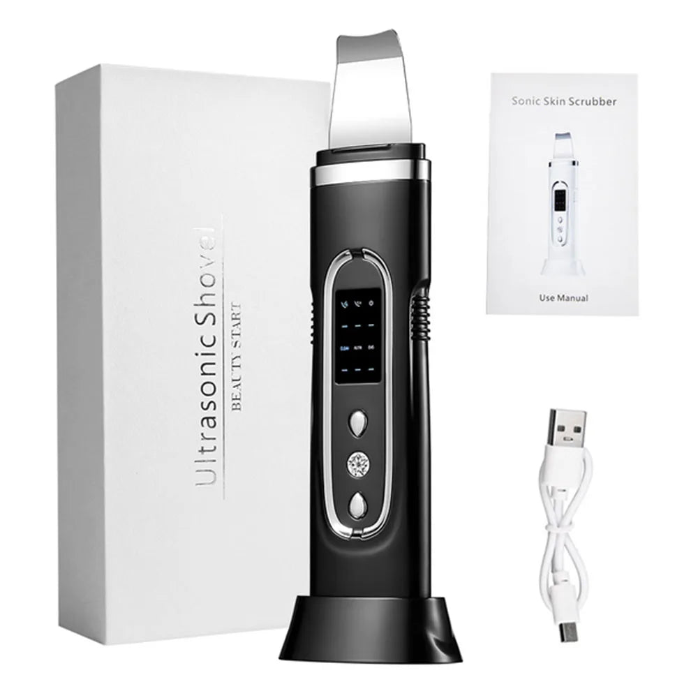Zora Ultrasonic Facial Skin Scrubber for cleansing and exfoliation, showing the device with a sleek design and stainless steel head.