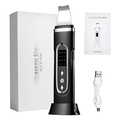 Zora Ultrasonic Facial Skin Scrubber for cleansing and exfoliation, showing the device with a sleek design and stainless steel head.