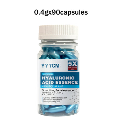 Zora Hyaluronic Acid Essence Capsules for skincare, featuring clear capsules filled with hydrating serum, on a white background.