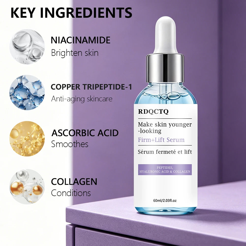 Zora Peptide and Hyaluronic Acid Collagen Face Serum in a clear glass dropper bottle, showcasing serum inside.