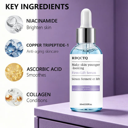 Zora Peptide and Hyaluronic Acid Collagen Face Serum in a clear glass dropper bottle, showcasing serum inside.