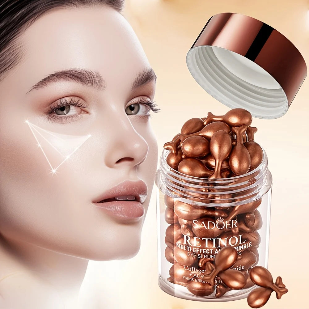 Zora Retinol Eye Serum Capsules, eye care product in sleek capsules, designed to reduce puffiness and fine lines around the eyes.