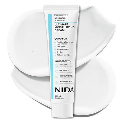 Zora NIDA Daily Moisturizing Cream in a white jar, smooth cream texture for face hydration and skincare.