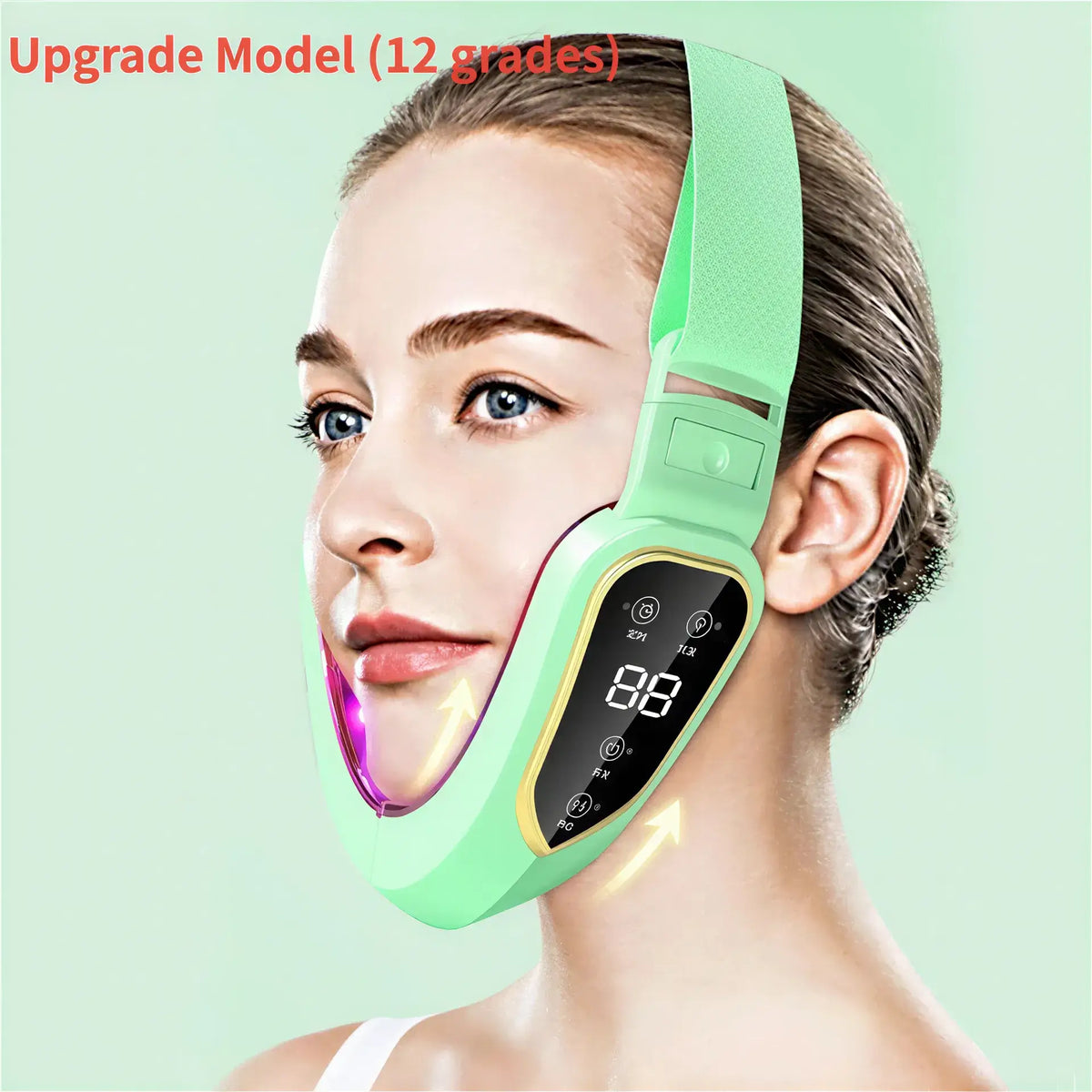 Zora LED facial massage and light therapy belt wrapped around a person's face, promoting skincare and relaxation.