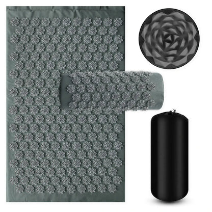 Zora acupressure massage mat and pillow set with textured surface for relief and relaxation, shown in the image.