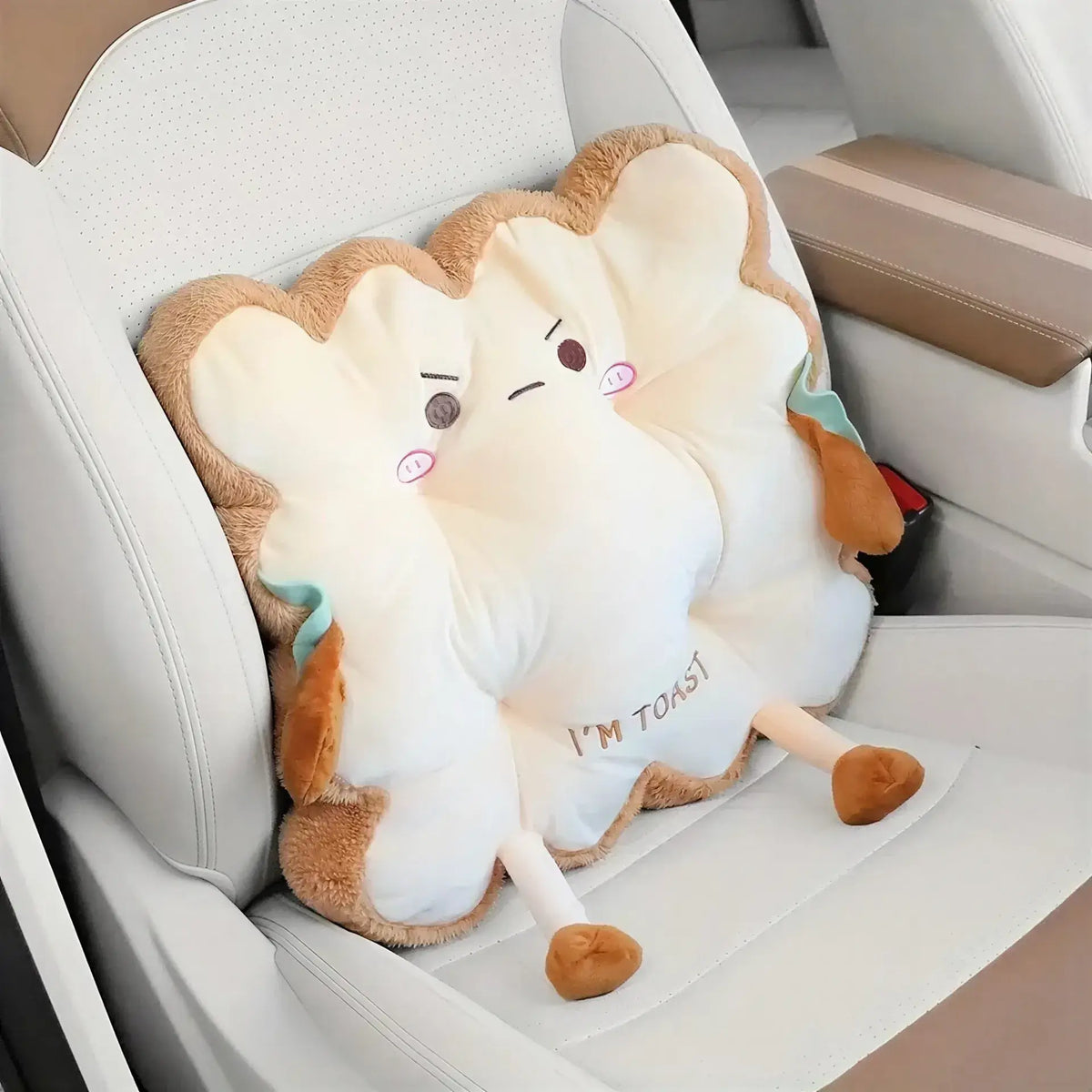 Toast-shaped Zora seat cushion with back support, featuring a soft, plush fabric and ergonomic design for comfortable sitting.