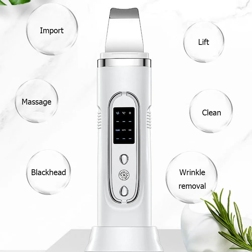 Zora Ultrasonic Facial Skin Scrubber for deep cleansing and exfoliation, showing the handheld beauty device with a metallic head.