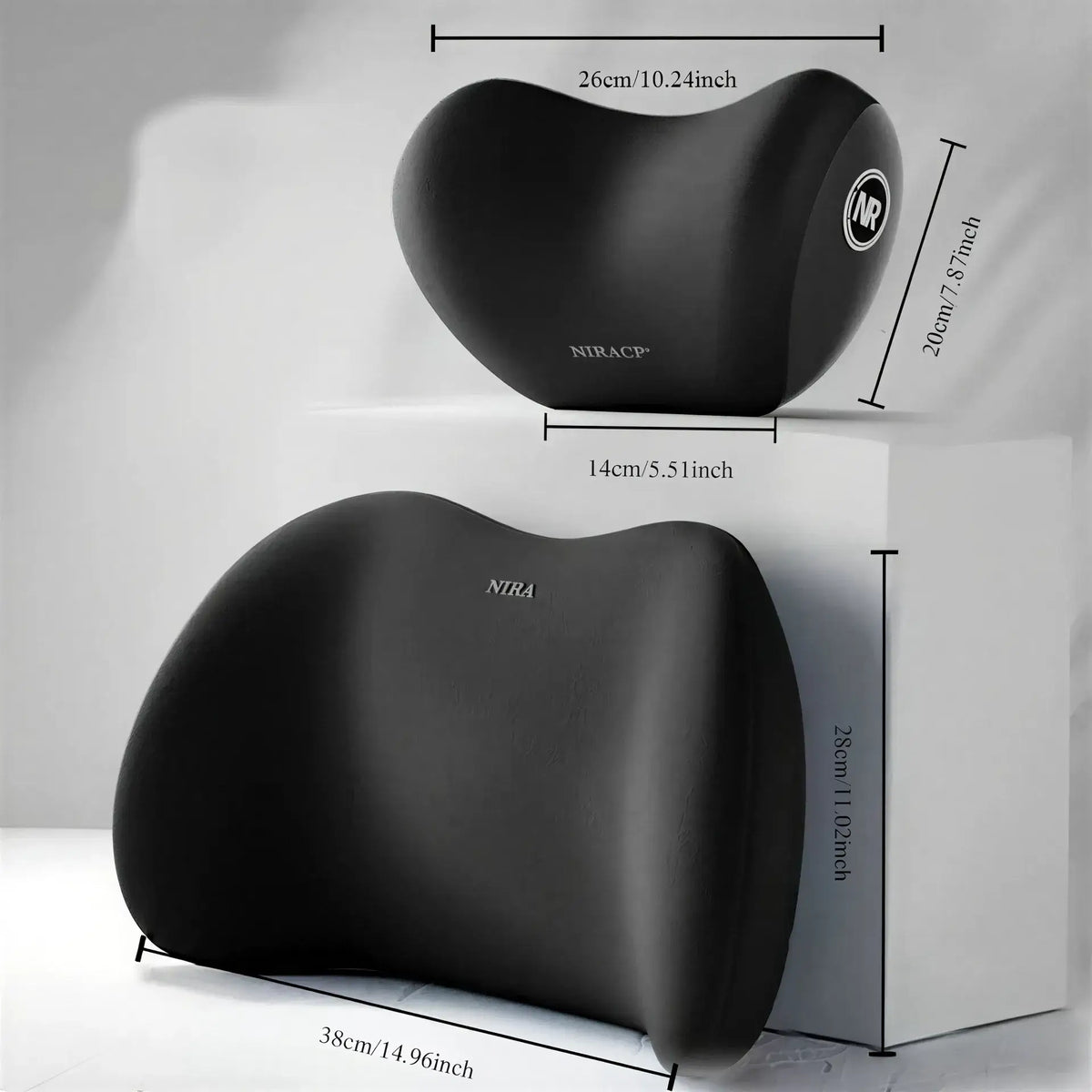Zora memory foam car headrest and lumbar cushion set showing adjustable cushions and supportive design for vehicle comfort