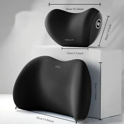 Zora memory foam car headrest and lumbar cushion set showing adjustable cushions and supportive design for vehicle comfort