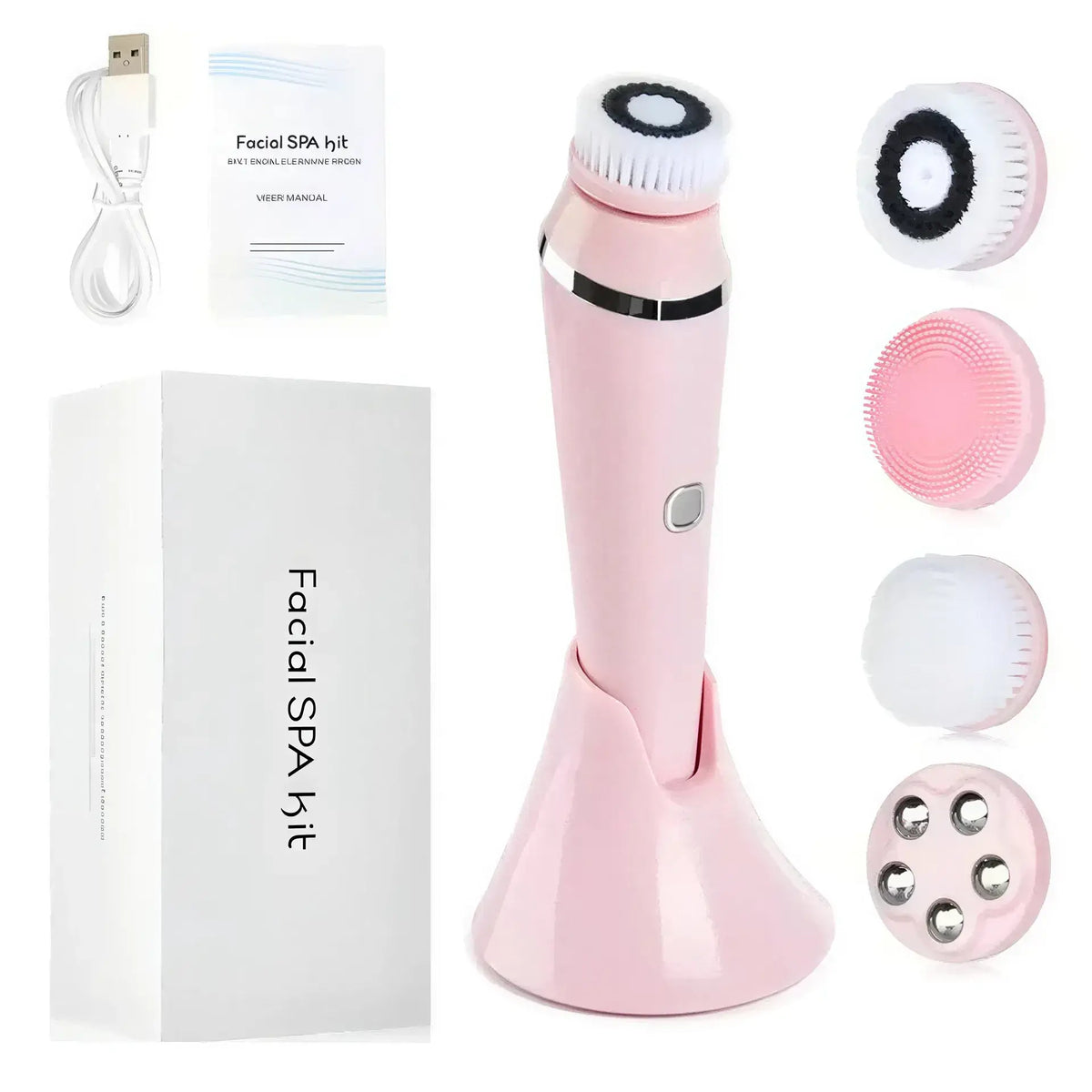 Zora 4-in-1 waterproof electric facial cleansing brush with multiple attachments and sleek design for deep skin cleaning.