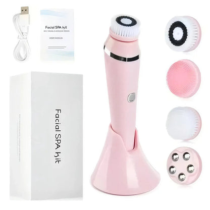 Zora 4-in-1 waterproof electric facial cleansing brush with multiple attachments and sleek design for deep skin cleaning.