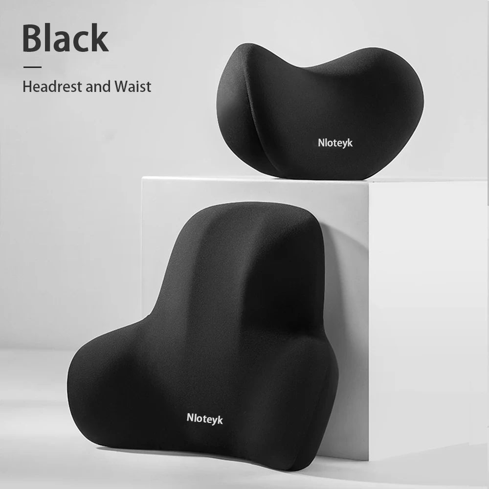 Zora Memory Foam Car Headrest Pillow attached to car seat for added comfort and support during driving.