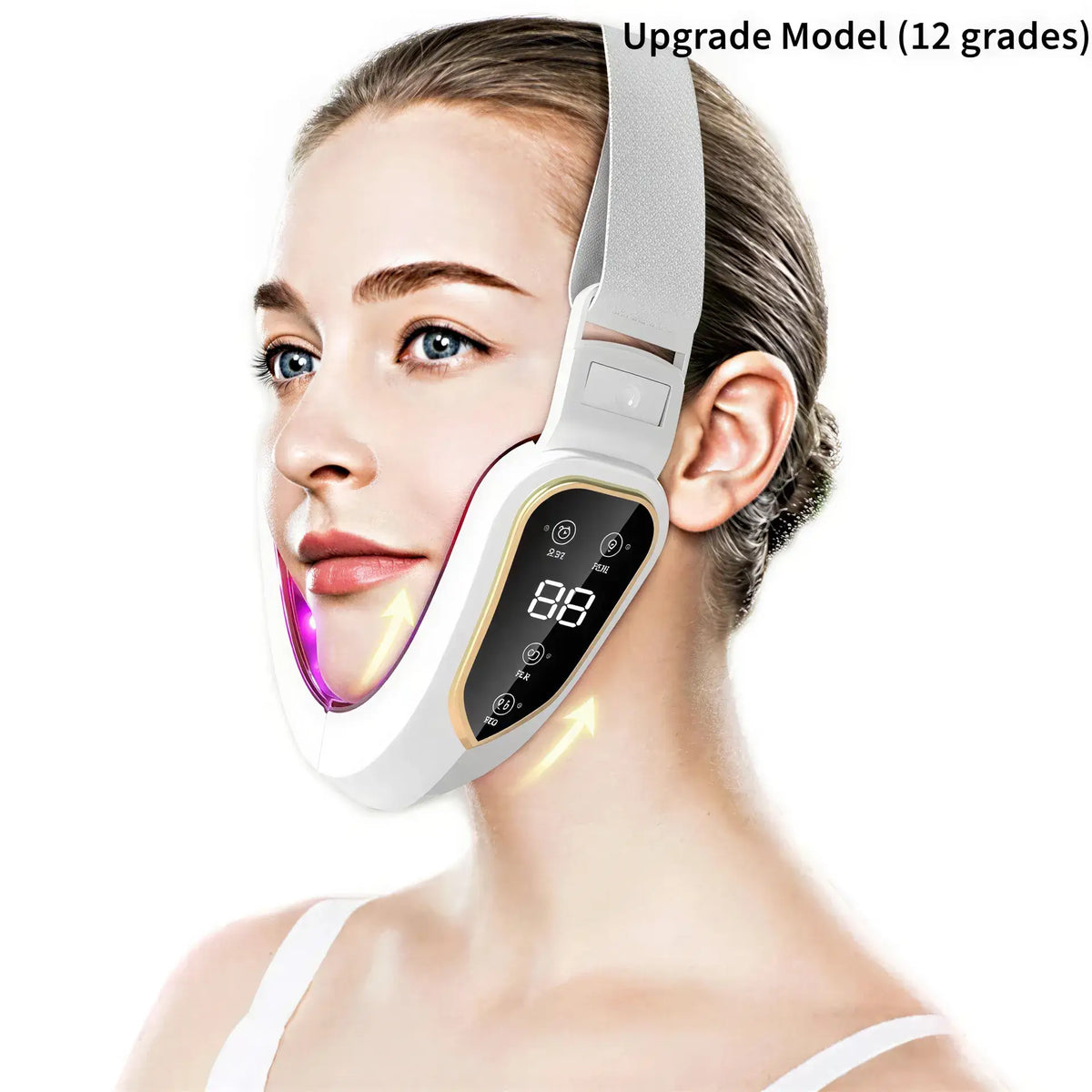 Zora LED facial massage and light therapy belt with adjustable strap and built-in LED lights for skin rejuvenation and relaxation.