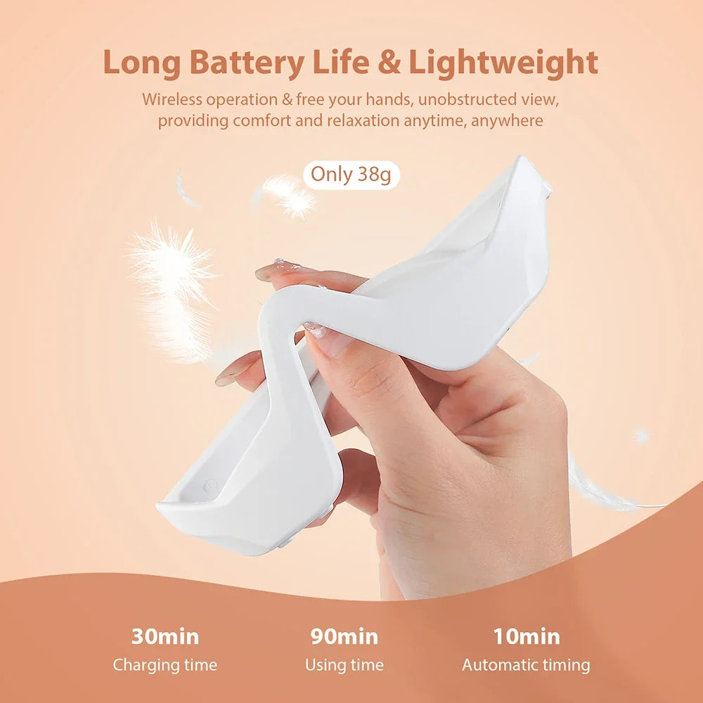 Zora 3D Eye Relaxation Massager worn over eyes for soothing eye care and stress relief, with adjustable straps and soft fabric.