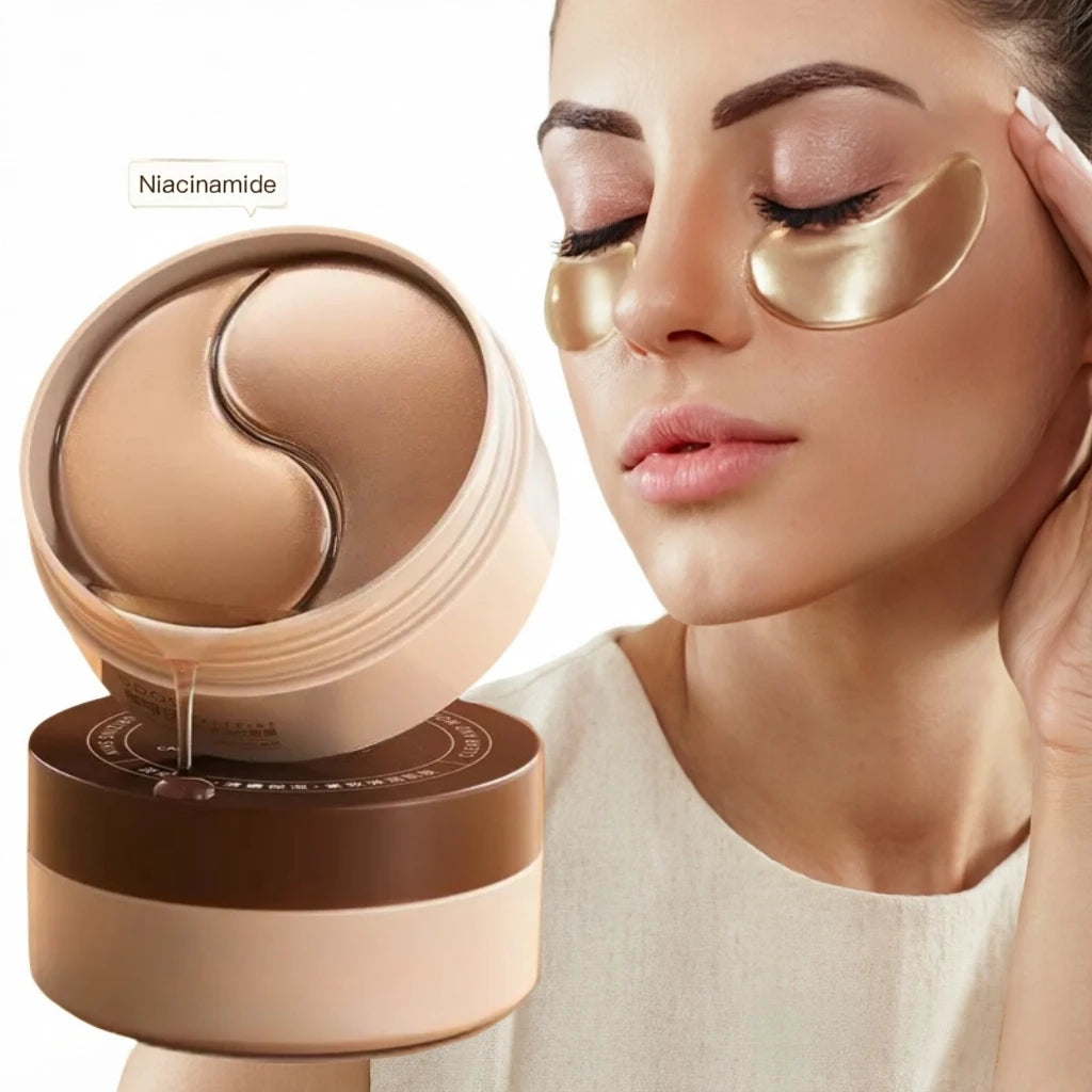 Zora Caffeine and Niacinamide Eye Masks on a white background, designed for eye care and reducing puffiness and dark circles.