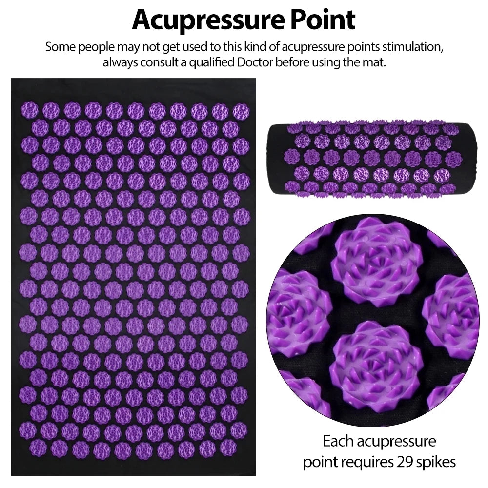 Zora acupressure massage mat and pillow set with textured surface for targetted relaxation and pain relief.