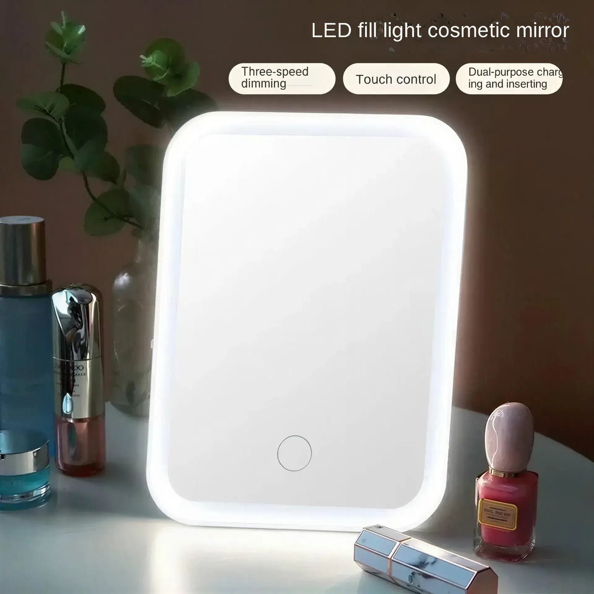 Zora LED touch makeup mirror with illuminated round mirror and sleek design, ideal for detailed beauty application.