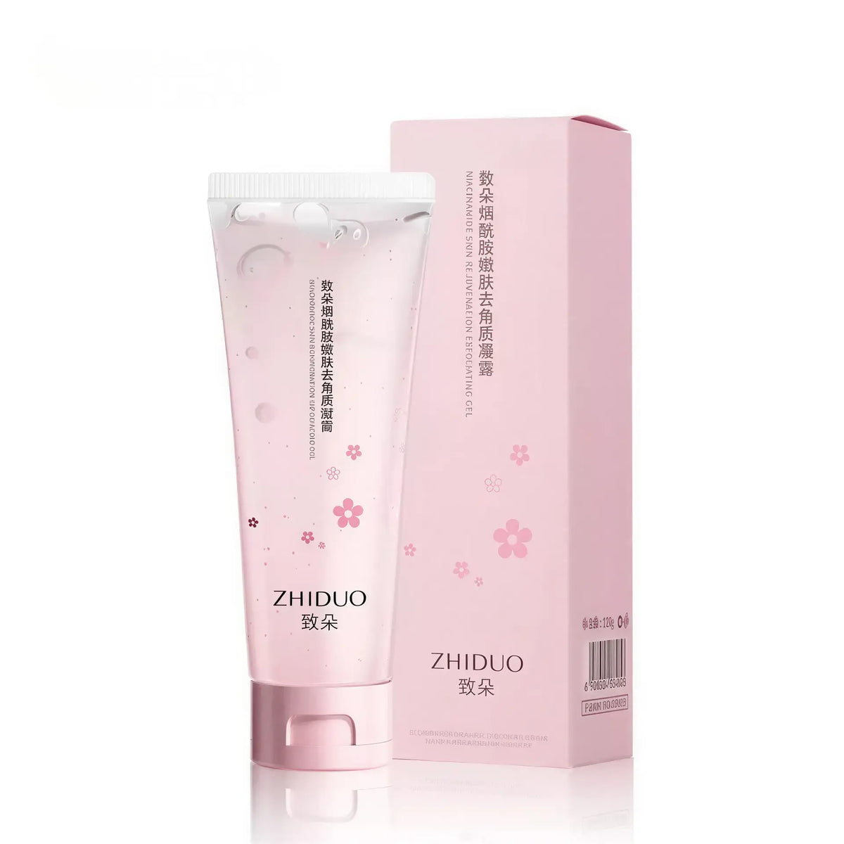 Zora Cherry Blossom Exfoliating Gel in a clear tube with cherry blossom illustrations, showcasing its gentle exfoliation formula.