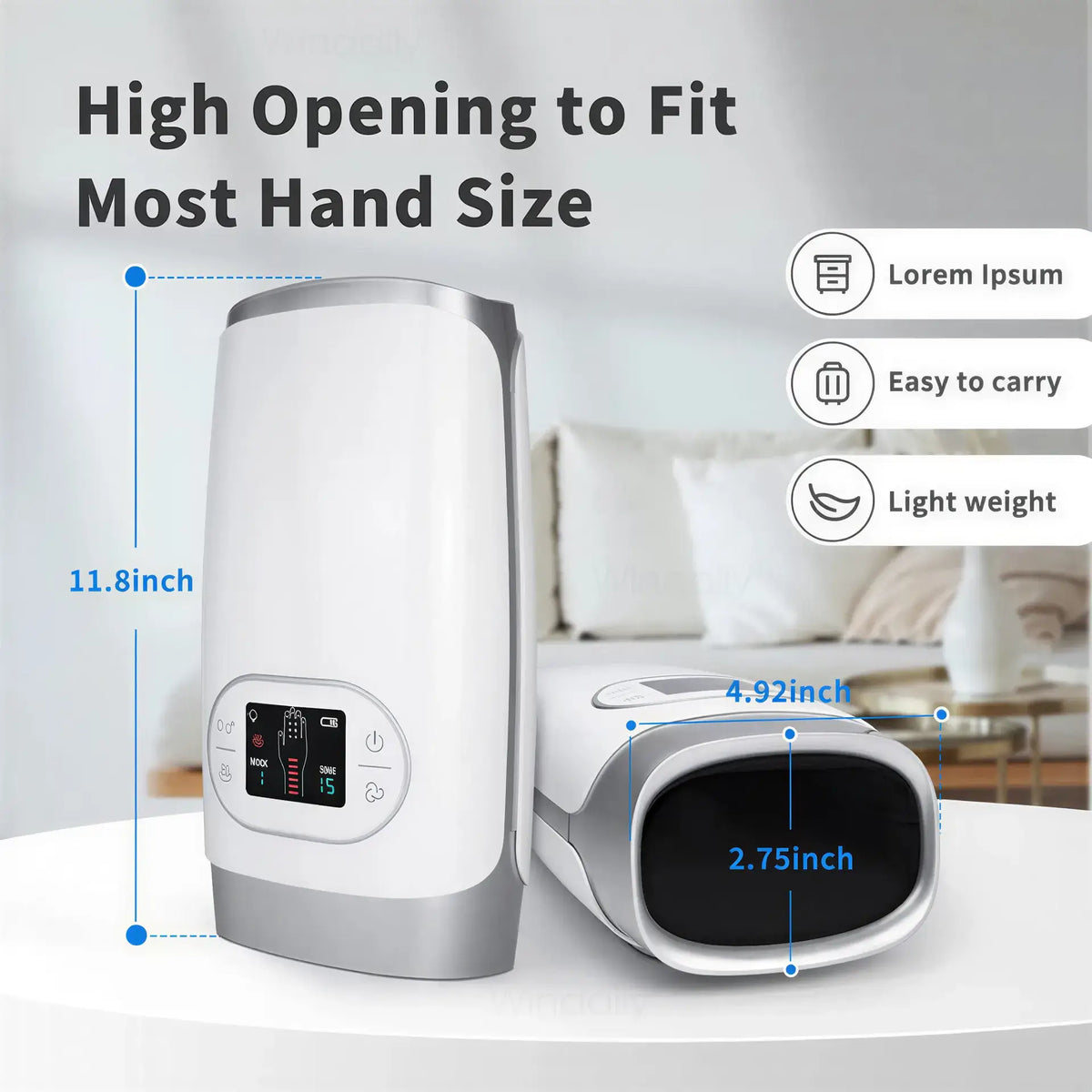 Zora hand massager with heat and air compression, showing ergonomic design and control buttons on a white background.