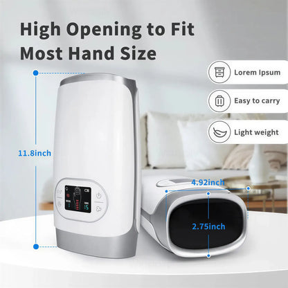 Zora hand massager with heat and air compression, showing ergonomic design and control buttons on a white background.