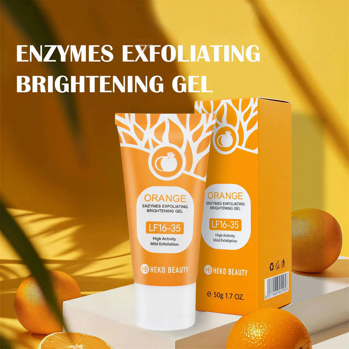 Zora Orange Exfoliating Gel in a clear jar with orange accents, showing the textured gel inside for gentle skin exfoliation.