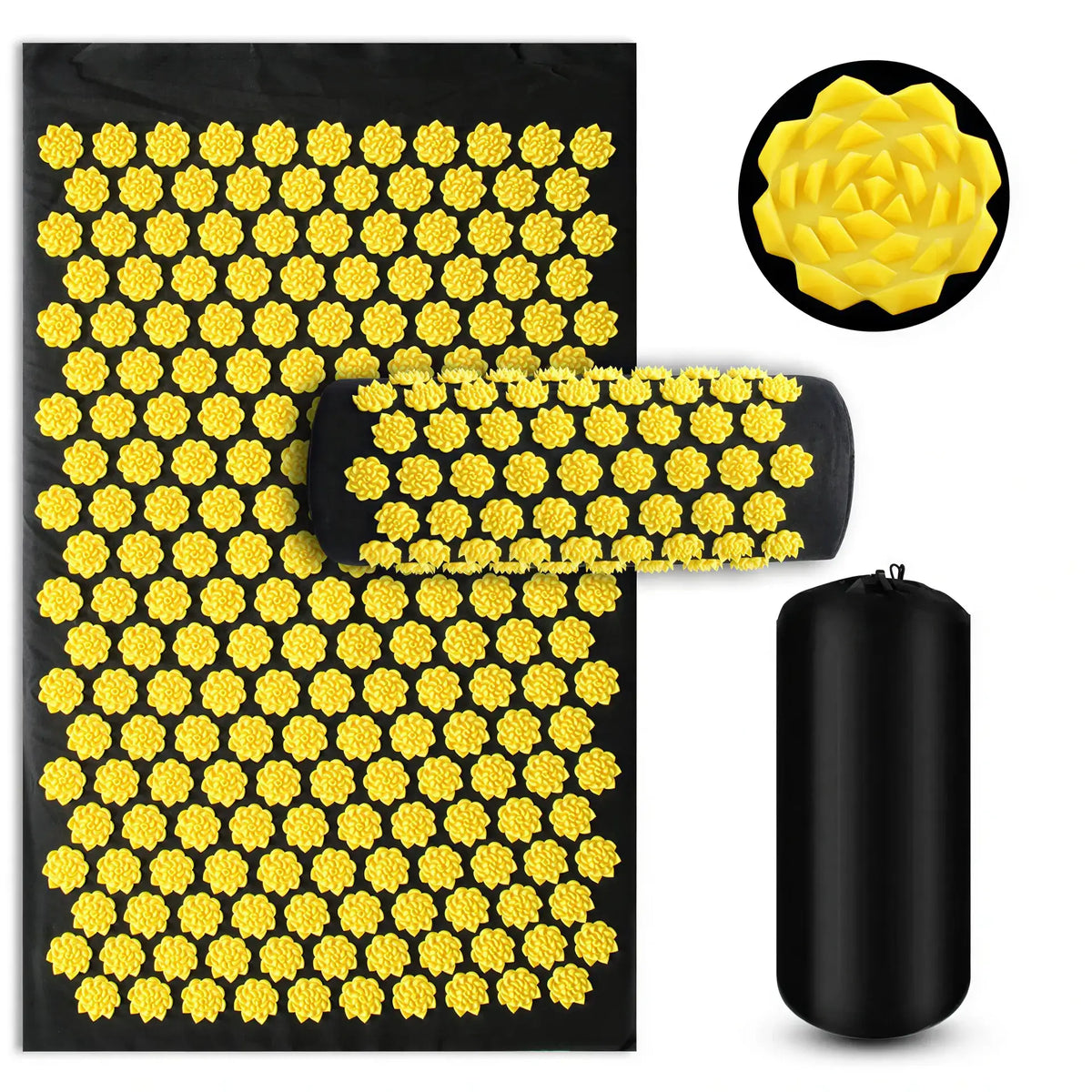 Zora acupressure massage mat and pillow set with textured surface for relaxing muscle relief and stress reduction.