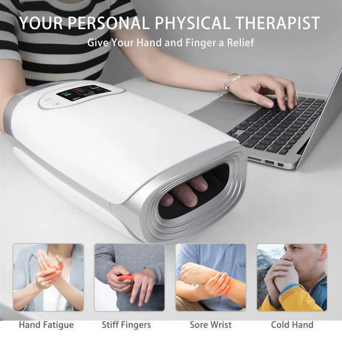 Zora Intelligent Hand Massager with heat and air compression, showing the device on a person's hand for soothing relief.
