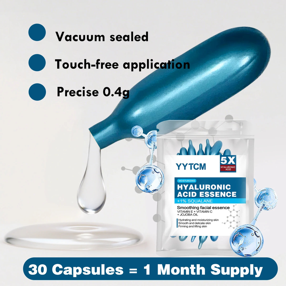 Zora Hyaluronic Acid Essence Capsules for skincare, featuring clear capsules filled with hydrating serum, on a white background.