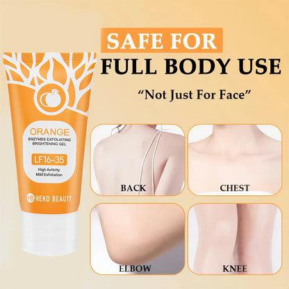 Zora Orange Exfoliating Gel in a clear tube with orange accents, showcasing its bright, citrus-inspired packaging.