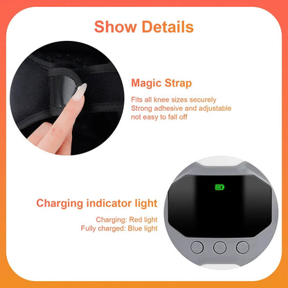 Zora Cordless Knee Massager with heat, compression, and vibration features, shown on a person's knee for pain relief and comfort.