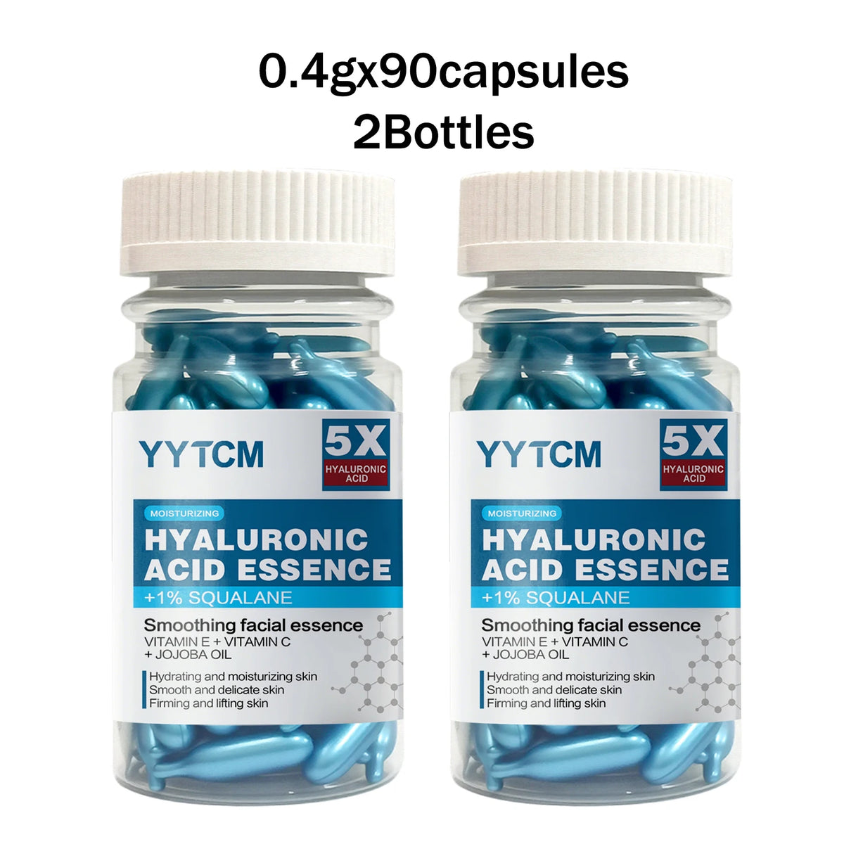 Zora Hyaluronic Acid Essence Capsules in a glass jar, skincare product with small capsules for hydrating skin.