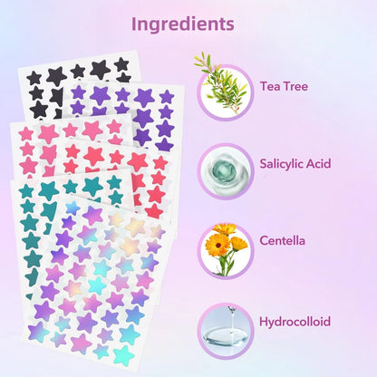 Zora star-shaped blemish cover patches on skin, designed for spot care and acne treatment with small star-shaped design.
