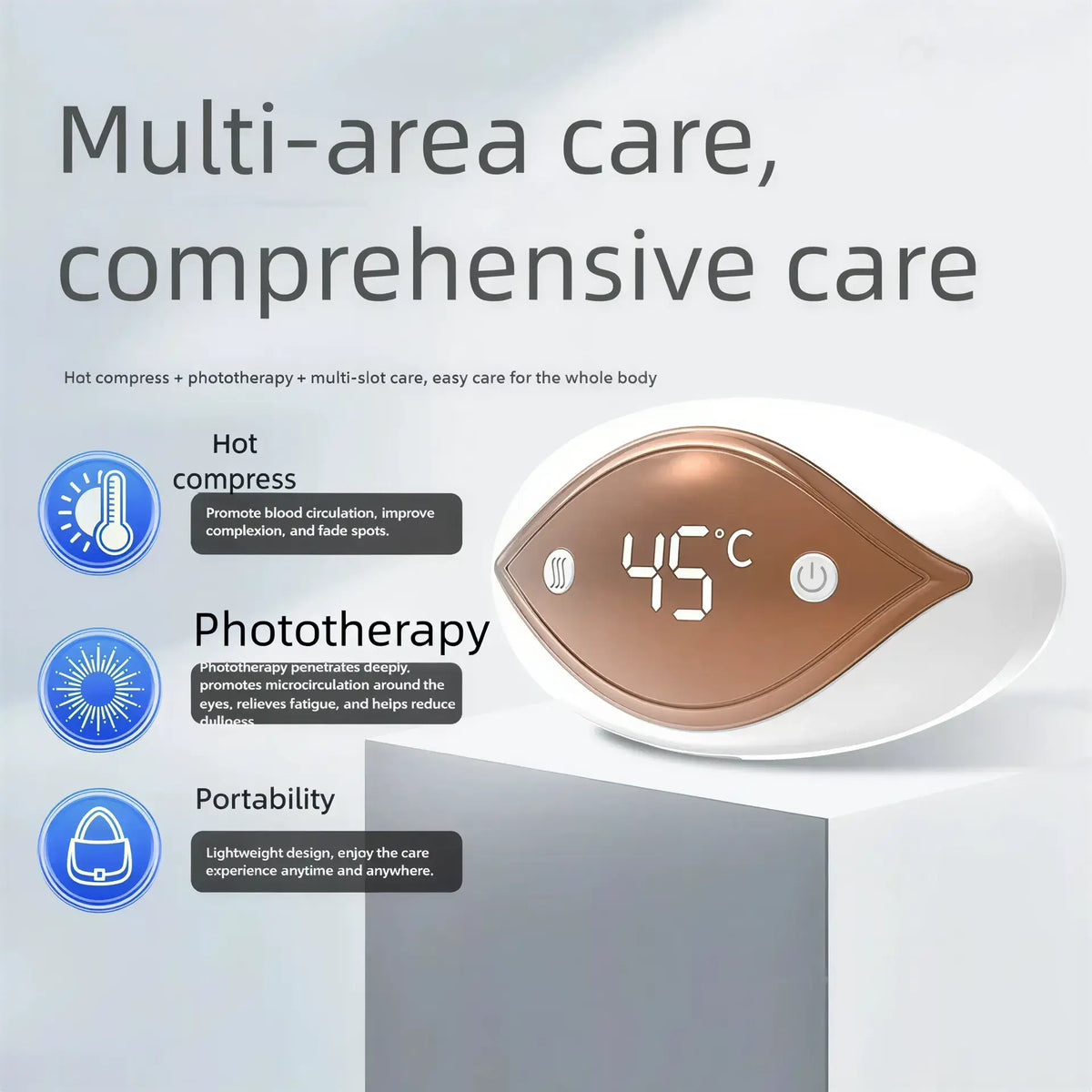 Zora 3-in-1 Lip and Eye Care Facial Massager showing sleek black device with rounded tips for skincare.