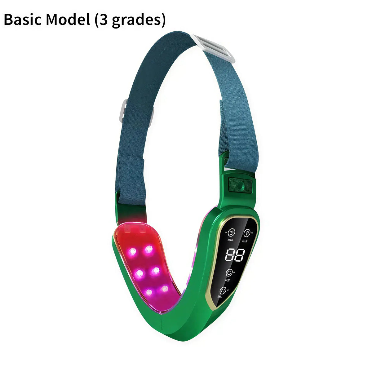 Zora LED facial massage belt with light therapy, showing the sleek, adjustable design and LED light panels for skin rejuvenation.
