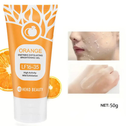 Zora Orange Exfoliating Gel in a clear tube with orange accents, showing fresh citrus ingredients on the packaging.