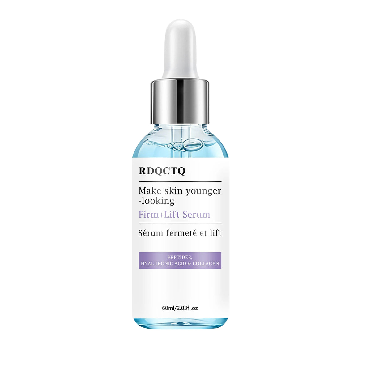 Zora peptide and hyaluronic acid collagen face serum in a sleek glass bottle with dropper for skincare hydration and anti-aging.