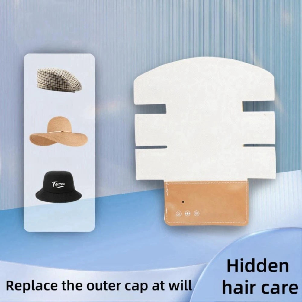 Zora Red Light Hair and Scalp Care Cap for light therapy treatment, shown on a head with the device fitted.