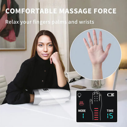 Zora Hand Massager with heat and air compression, showcasing the device's ergonomic design and control buttons for relaxation.
