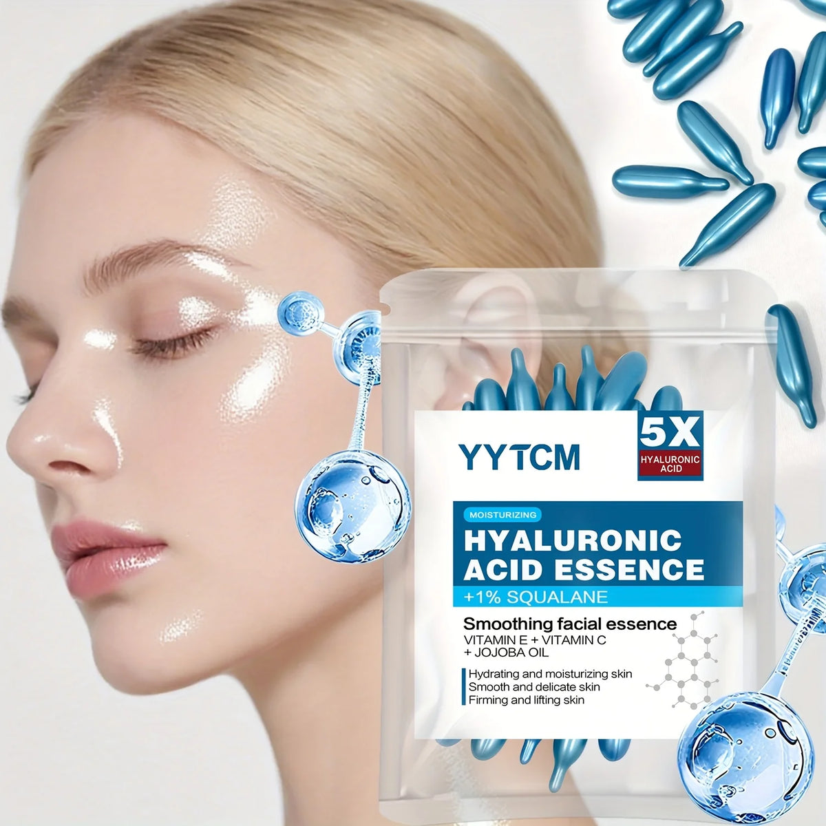 Zora Hyaluronic Acid Essence Capsules in clear glass bottle, showcasing skincare capsules for moisturizing and hydration.
